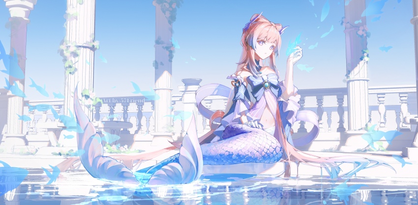 1girl, 57friend, :o, absurdres, artist_name, bare_shoulders, blue_sky, bow-shaped_hair, clothing_cutout, detached_sleeves, fins, fish, fish_tail, flying_fish, genshin_impact, gloves, gradient_hair, hagoromo, hair_between_eyes, hair_ornament, highres, japanese_clothes, long_hair, merfolk, merfolk_out_of_environment, mermaid, midriff, monster_girl, monsterification, multicolored_hair, navel, off_shoulder, open_clothes, outdoors, pink_hair, purple_eyes, reflection, reflective_liquid, sangonomiya_kokomi, shawl, sidelocks, sitting, sky, solo, stomach_cutout, tail, very_long_hair, vision_(genshin_impact), water, white_gloves, wide_sleeves