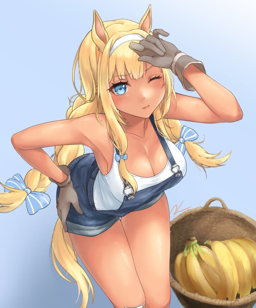 1girl, aletta_sky, animal_ears, banana, basket, blonde_hair, blue_eyes, blue_overalls, braid, brown_gloves, dark-skinned_female, dark_skin, food, fruit, gloves, headband, highres, horse_ears, horse_girl, horse_tail, kat_(kattaeto), long_hair, one_eye_closed, overalls, production_kawaii, solo, tail, tank_top, twin_braids, virtual_youtuber, white_headband, white_tank_top