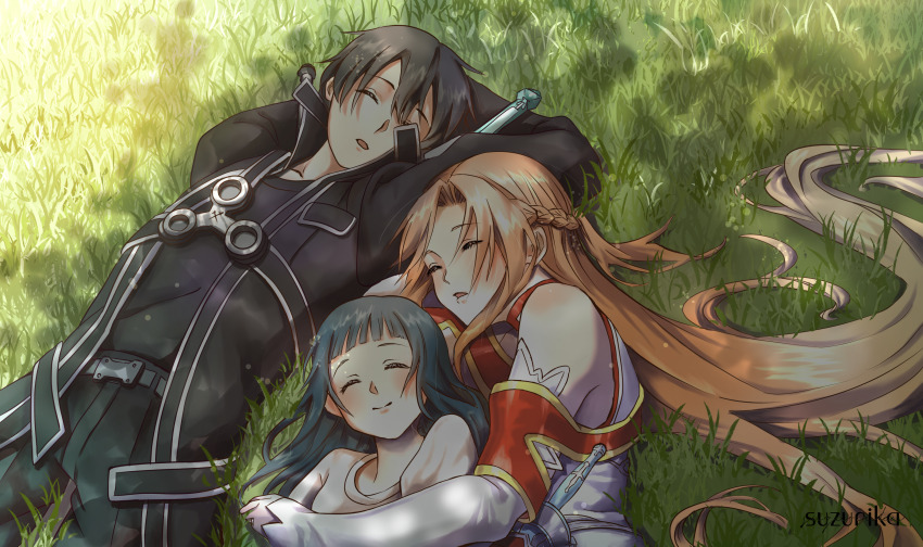 1boy, 2girls, absurdres, arm_pillow, artist_name, asuna_(sao), bare_shoulders, black_hair