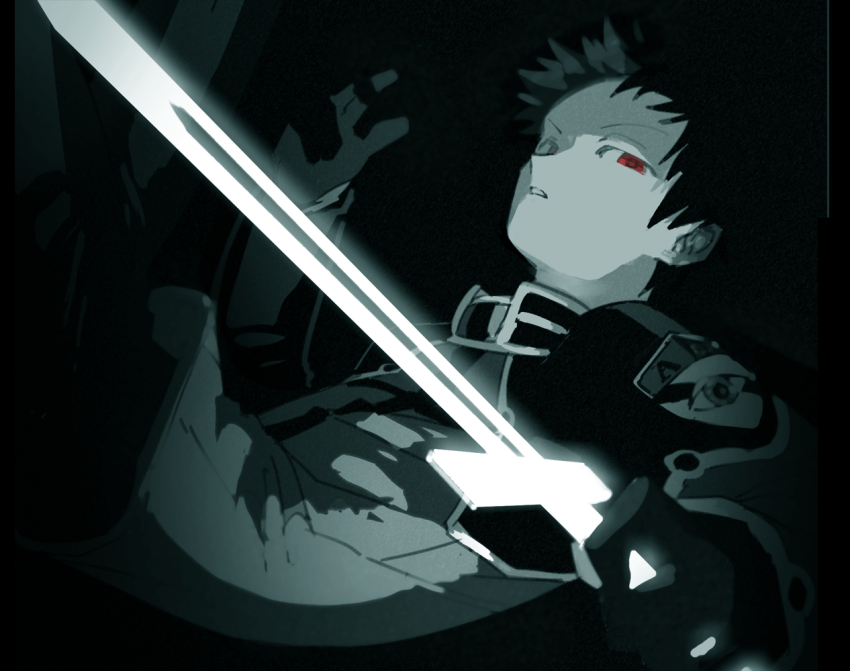 1boy, badge, cowboy_shot, energy_sword, falling, floating_hair, from_side, glowing