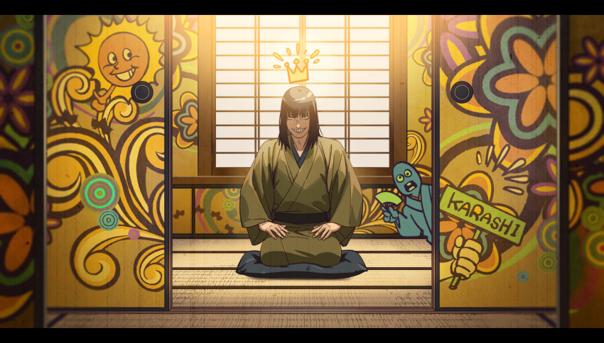 1boy, akakokko_(niro_azarashi), akane-banashi, brown_kimono, character_name, crown_(symbol), cushion, grin
