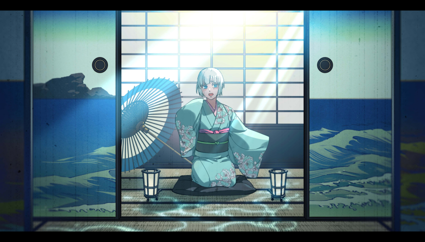 1girl, :d, akakokko_(niro_azarashi), akane-banashi, blue_eyes, blue_kimono, caustics, floral_print