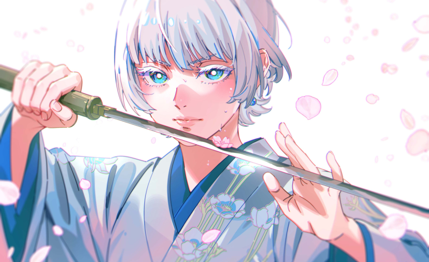 1girl, akakokko_(niro_azarashi), akane-banashi, blue_eyes, blue_kimono, earrings, floral_print, glint