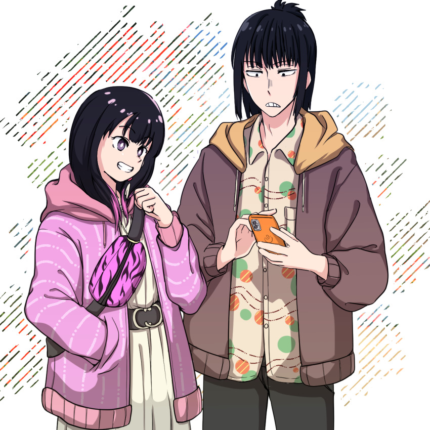 1boy, 1girl, akane-banashi, bag, belt, black_hair, brown_jacket, cellphone