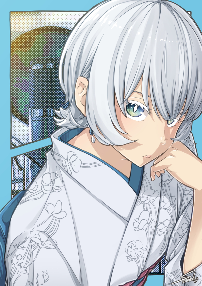 1girl, akane-banashi, artist_name, blue_background, green_eyes, hair_between_eyes, head_rest, highres