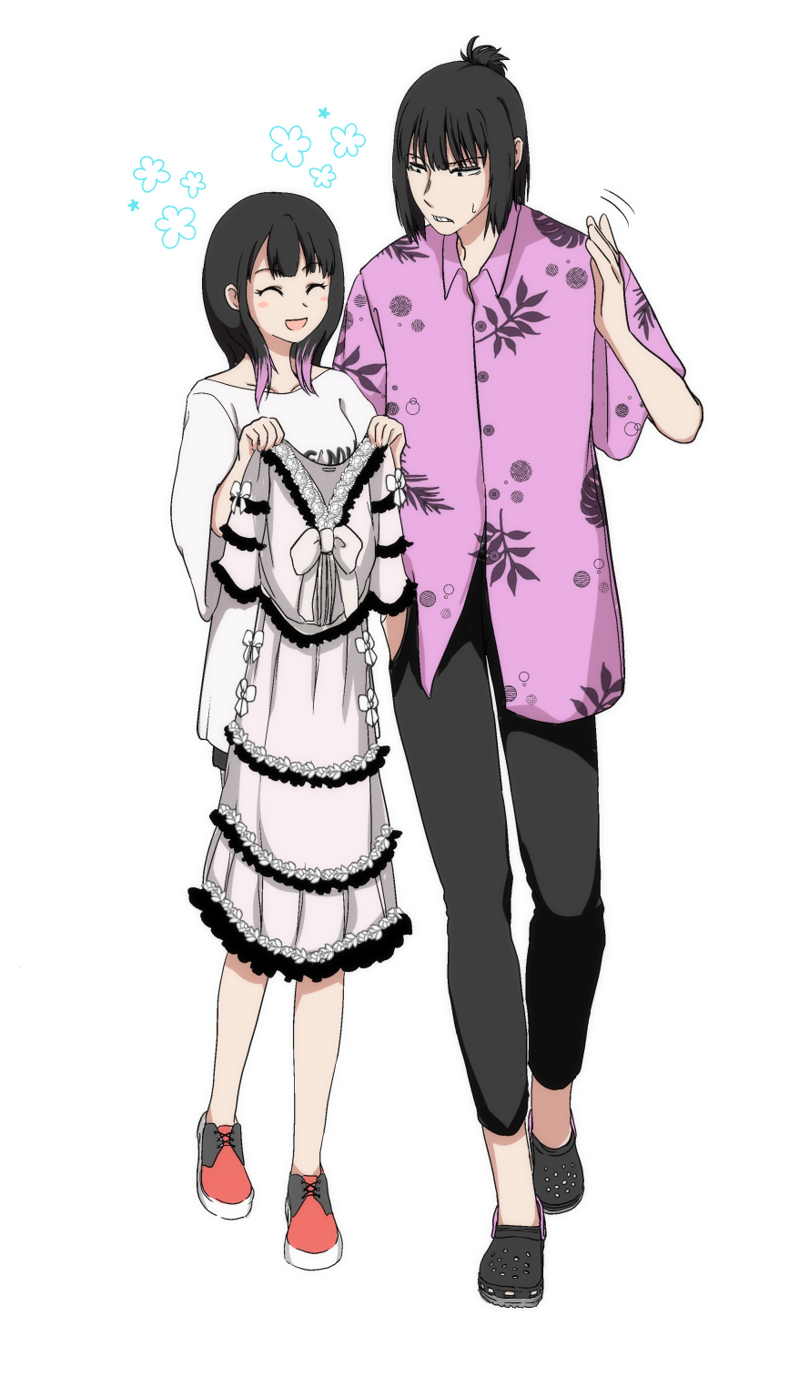 1boy, 1girl, :d, akane-banashi, black_hair, blush, closed_eyes, crocs