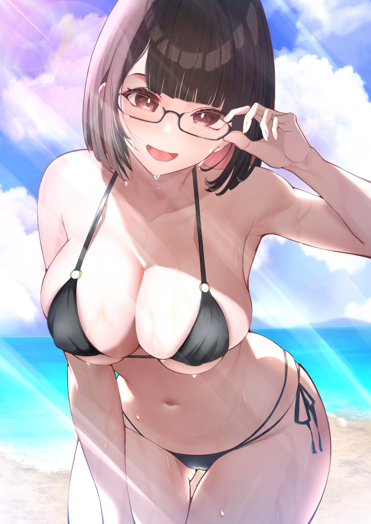 1girl, adjusting_eyewear, alternate_costume, armpits, beach, bikini, black_bikini, blue_sky