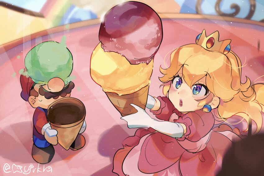 1boy, 1girl, blonde_hair, blue_eyes, crown, earrings, facial_hair, food, gloves, hanaon, hat, highres, ice_cream, jewelry, long_hair, mario, mario_(series), mario_party, mario_party_5, mustache, nintendo, overalls, princess_peach, sphere_earrings