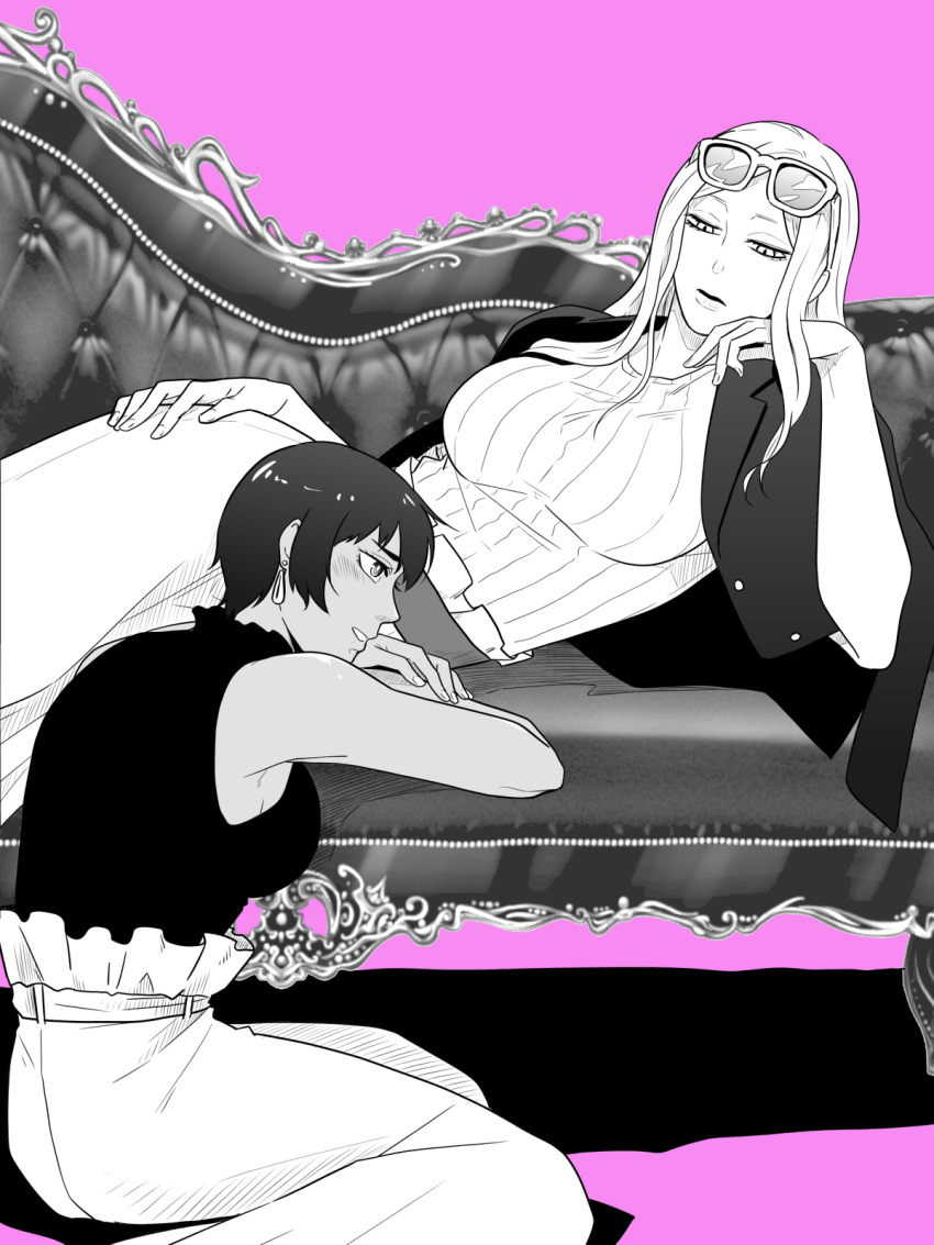 2girls, akane-banashi, black_shirt, breasts, couch, dark-skinned_female, dark_skin, earrings, hand_on_own_hip, hand_up, hazu_(schiro000), highres, jewelry, large_breasts, long_hair, looking_at_another, lying, multiple_girls, on_floor, on_side, purple_background, ransaika_mayura, ransaikaa_urarara, shirt, short_hair, sitting