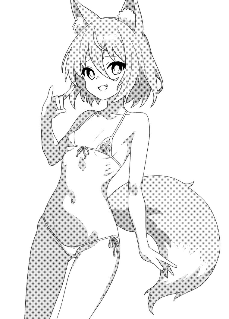 1girl, animal_ears, bikini, commentary, cowboy_shot, fang, fox_ears, fox_shadow_puppet, fox_tail, greyscale, groin, ketsumaimo, kudamaki_tsukasa, looking_at_viewer, monochrome, navel, open_mouth, petite, short_hair, simple_background, smile, solo, swimsuit, tail, touhou, white_background