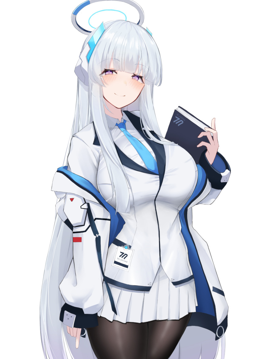 1girl, black_pantyhose, blazer, blue_archive, blue_necktie, blunt_bangs, blush, book