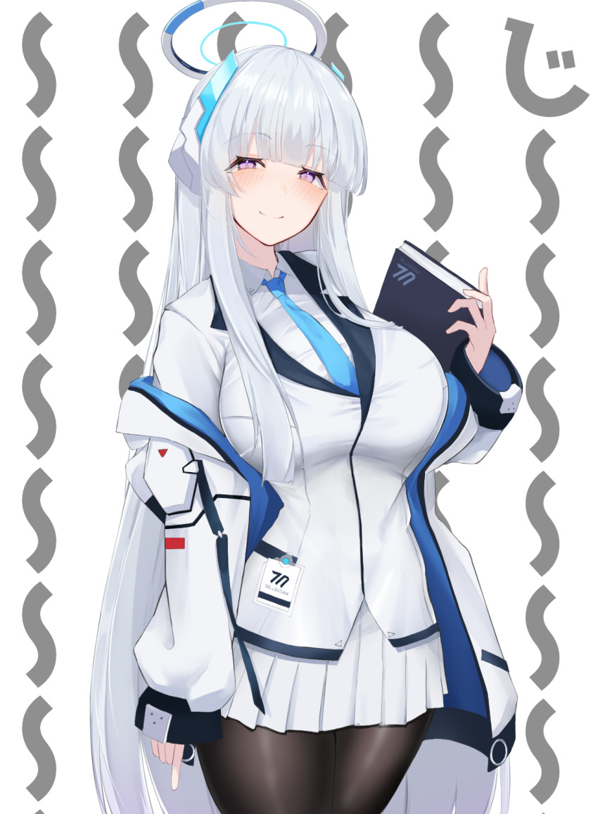 1girl, black_pantyhose, blazer, blue_archive, blue_necktie, blunt_bangs, blush, book