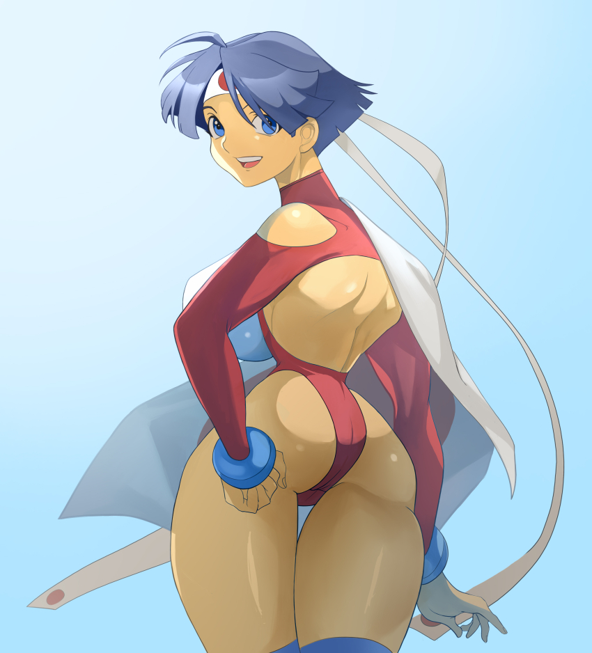 1girl, absurdres, ass, blue_hair, breasts, hand_on_own_hip, headband, highres