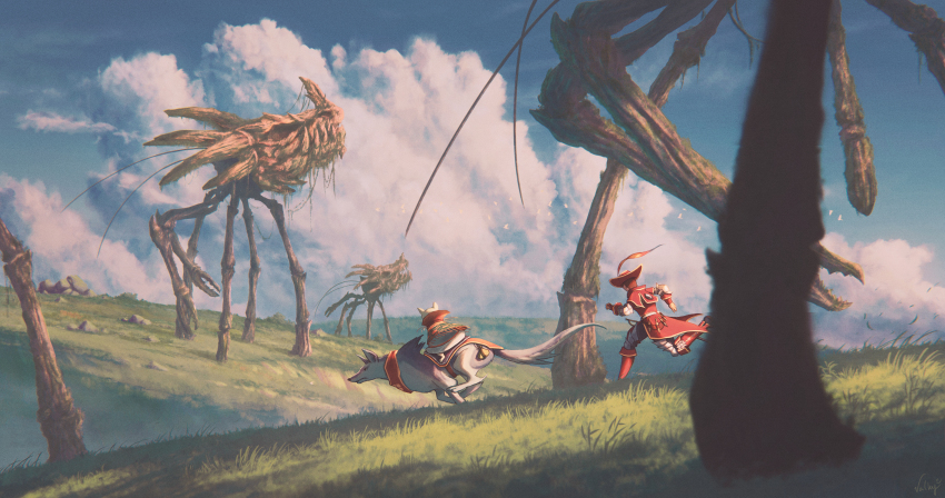 1boy, 2others, absurdres, armor, blurry, boots, canyne, capelet