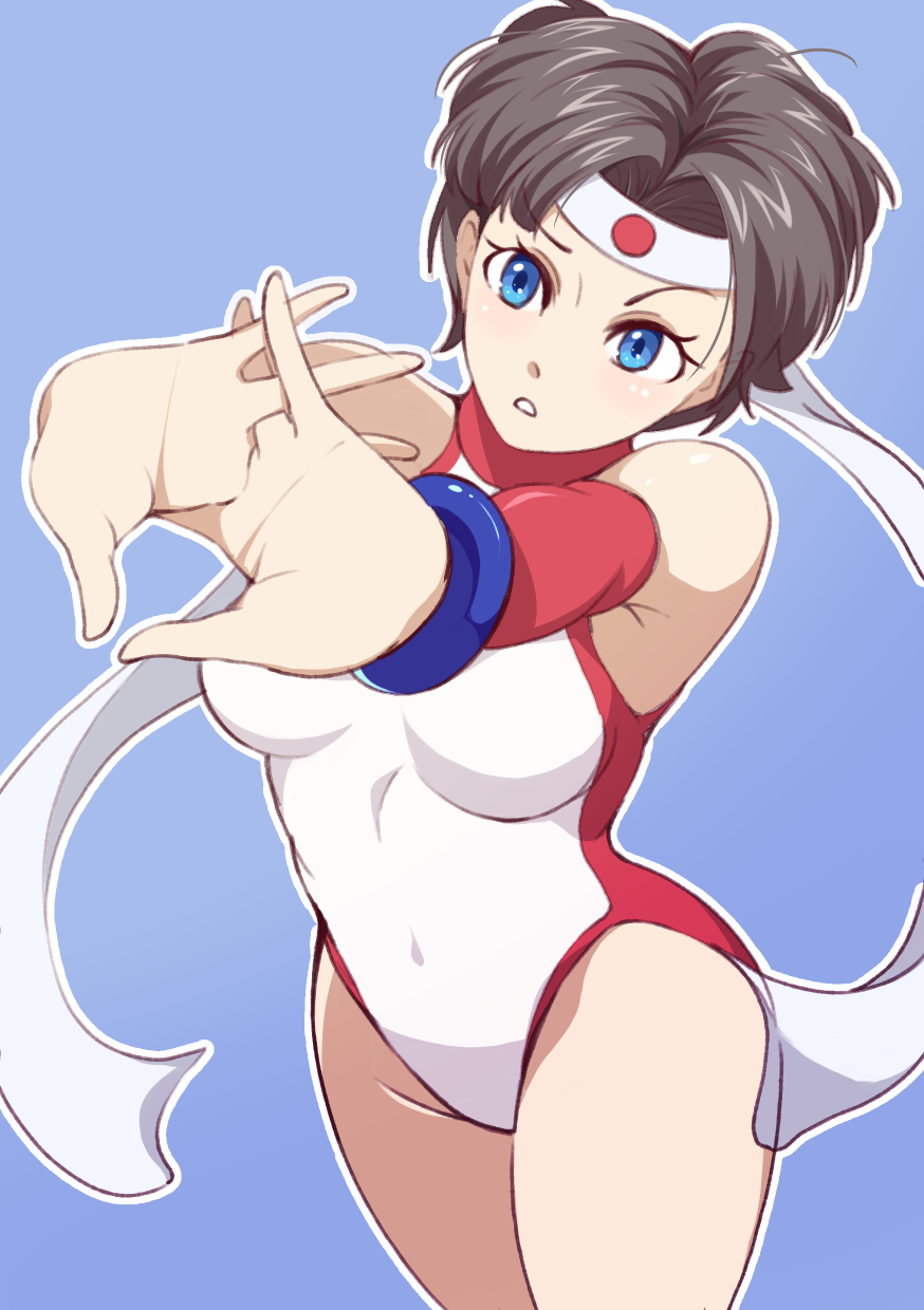 1girl, black_hair, blue_eyes, headband, highres, kotobuki_makoto, leotard, mach_breakers