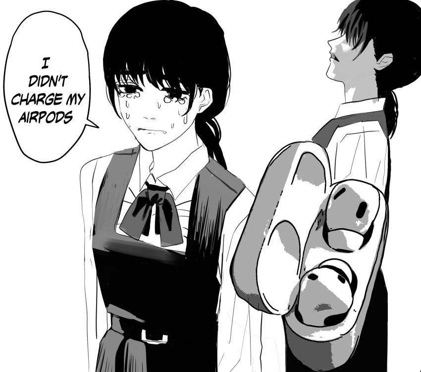 1girl, airpods, belt, black_hair, chainsaw_man, crying, english_text, frown