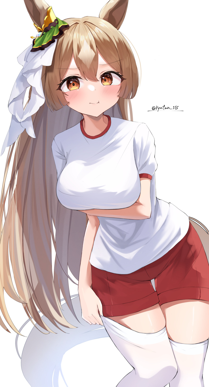 1girl, absurdres, animal_ears, arm_under_breasts, blush, breasts, brown_hair, closed_mouth