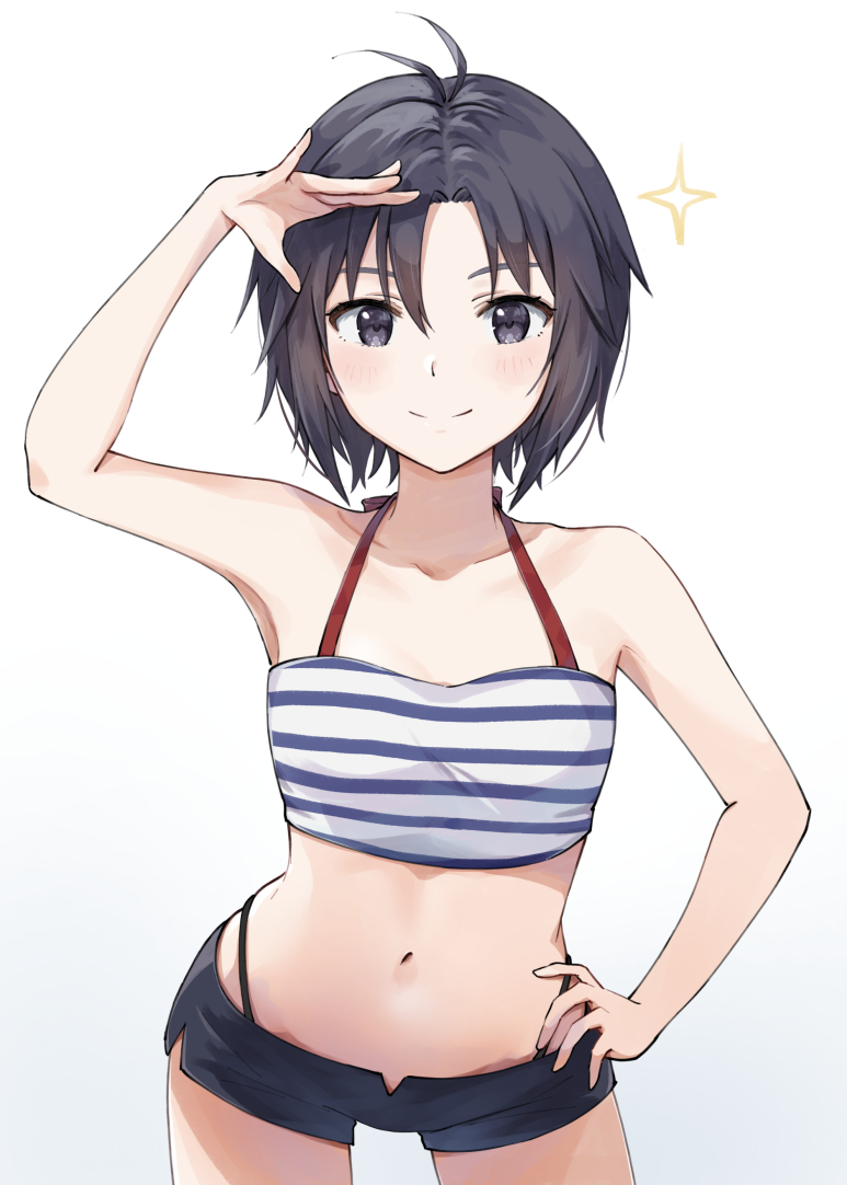 1girl, antenna_hair, arm_up, armpits, bare_shoulders, black_eyes, black_hair, black_shorts, blue_shirt, blush, closed_mouth, collarbone, commentary, cowboy_shot, crop_top, hair_between_eyes, hand_on_own_hip, hand_up, highleg, highleg_panties, idolmaster, kikuchi_makoto, leaning_forward, looking_at_viewer, loose_hair_strand, midriff, mogskg, multicolored_shirt, navel, panties, red_shirt, shading_eyes, shirt, short_hair, shorts, smile, solo, sparkle, standing, striped_clothes, striped_shirt, thigh_gap, tomboy, underwear, white_shirt