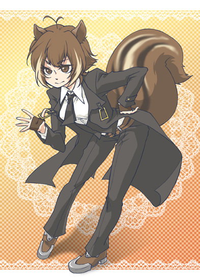 1girl, animal_ears, arc_system_works, blazblue, blazblue:_continuum_shift, brown_eyes, brown_hair, cosplay, female_focus, fingerless_gloves, formal_clothes, gloves, hazama, hazama_(cosplay), kyboshide, makoto_nanaya, necktie, pant_suit, pants, shirt, solo, squirrel_ears, squirrel_tail, suit, tail