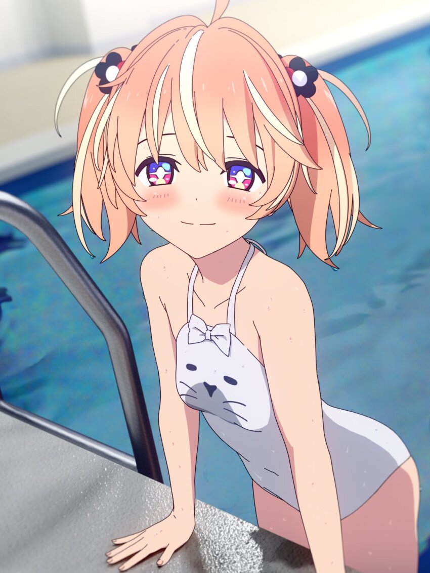 +_+, 1girl, animal_print, artist_request, blonde_hair, blush, breasts, casual_one-piece_swimsuit, cat_print, cel_rendering, covered_navel, flower, hair_flower, hair_ornament, highres, indoors, ladder, leaning_forward, looking_at_viewer, medium_hair, multicolored_eyes, multicolored_hair, one-piece_swimsuit, pool, pool_ladder, rinne_(rinrinne), rinrinne, small_breasts, smile, solo, swimsuit, tile_wall, tiles, virtual_youtuber, water, white_one-piece_swimsuit