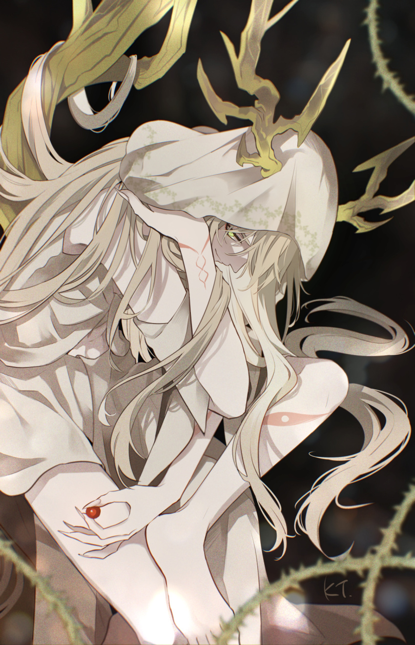 1other, androgynous, antlers, barefoot, blonde_hair, branch, extra_arms, highres