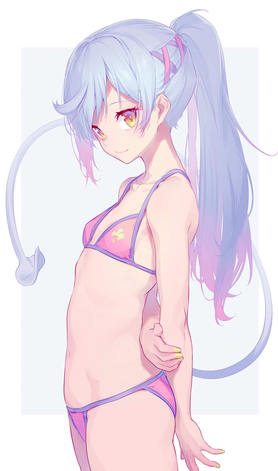 1girl, arms_behind_back, bikini, commentary_request, gradient_hair, grey_hair, highres, long_hair