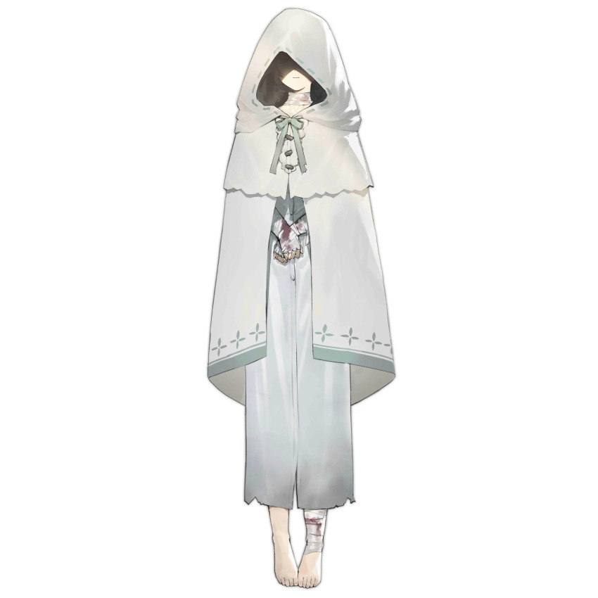 1girl, bandaged_ankle, bandaged_arm, bandaged_hand, bandaged_neck, bandages, barefoot, black_hair