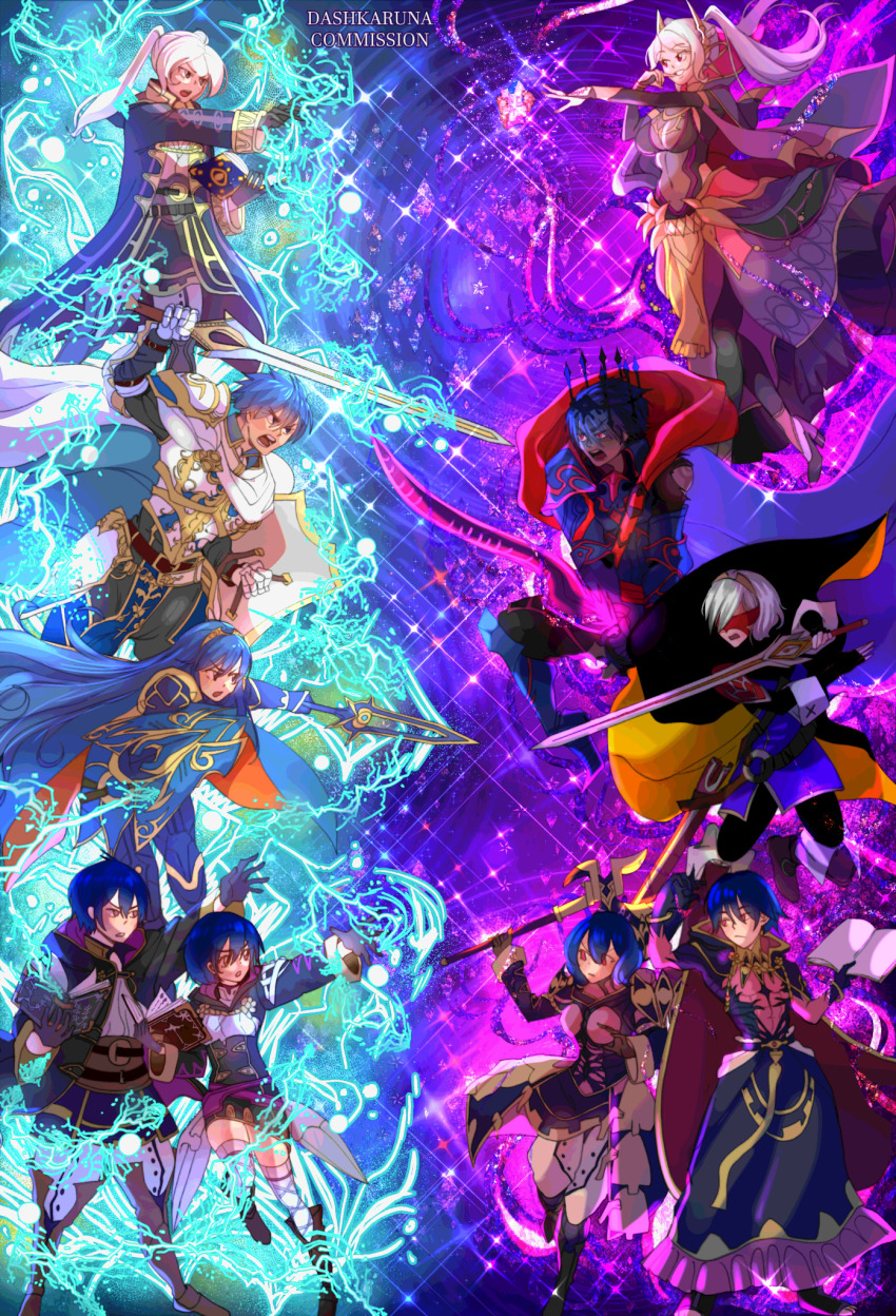 4boys, 6+girls, armor, blue_hair, book, cape, chrom_(crowned_exalt)_(fire_emblem), chrom_(fell_exalt)_(fire_emblem), chrom_(fire_emblem), coat, commission, commissioner_upload, crown, dashkaruna, dual_persona, family, father_and_child, father_and_daughter, father_and_son, female_morgan_(devoted_darkness)_(fire_emblem), female_morgan_(fire_emblem), female_robin_(fire_emblem), female_robin_(grima)_(fell_tactician)_(fire_emblem), female_robin_(grima)_(fire_emblem), fire_emblem, fire_emblem_awakening, fire_emblem_heroes, glowing, glowing_sword, glowing_weapon, highres, lucina_(brave_princess)_(fire_emblem), lucina_(fire_emblem), male_morgan_(fated_darkness)_(fire_emblem), male_morgan_(fire_emblem), mother_and_child, mother_and_daughter, multiple_boys, multiple_girls, multiple_persona, nintendo, official_alternate_costume, parent_and_child, polearm, shield, spear, weapon, white_hair