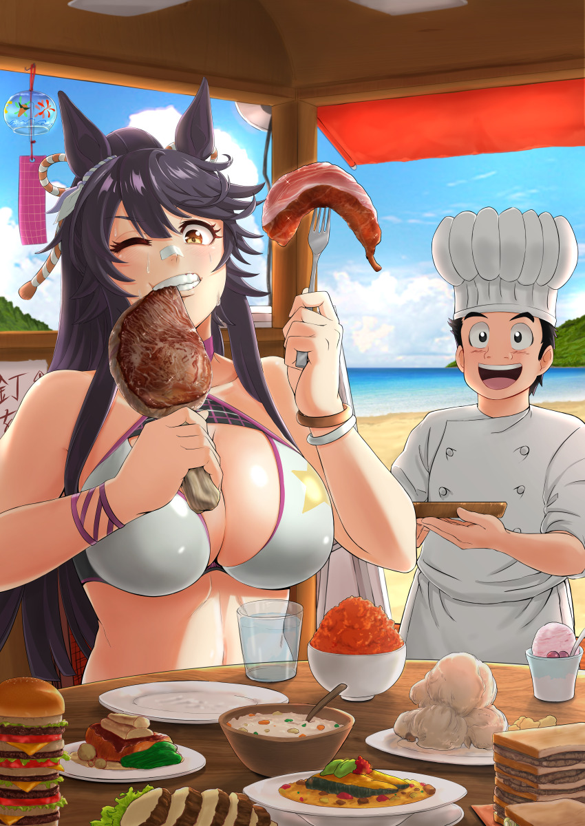 1boy, 1girl, absurdres, alternate_costume, animal_ears, bandaid, bandaid_on_face, beach