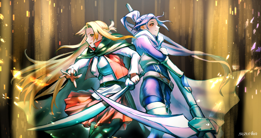 2girls, absurdres, artist_name, asuna_(sao), back-to-back, black_pantyhose, blonde_hair, bodysuit