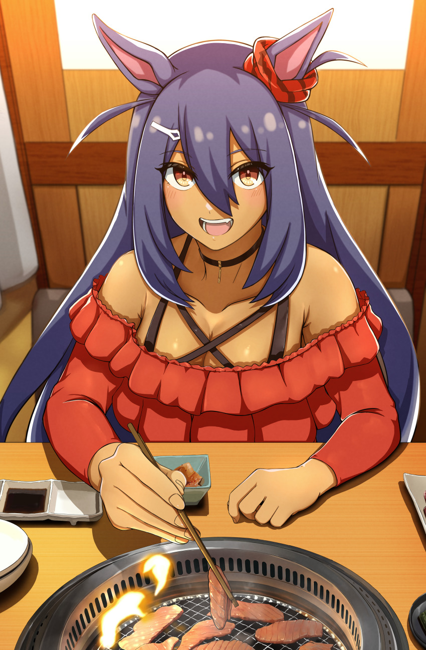 1girl, absurdres, animal_ears, bare_shoulders, black_hair, blonde_hair, choker, chopsticks