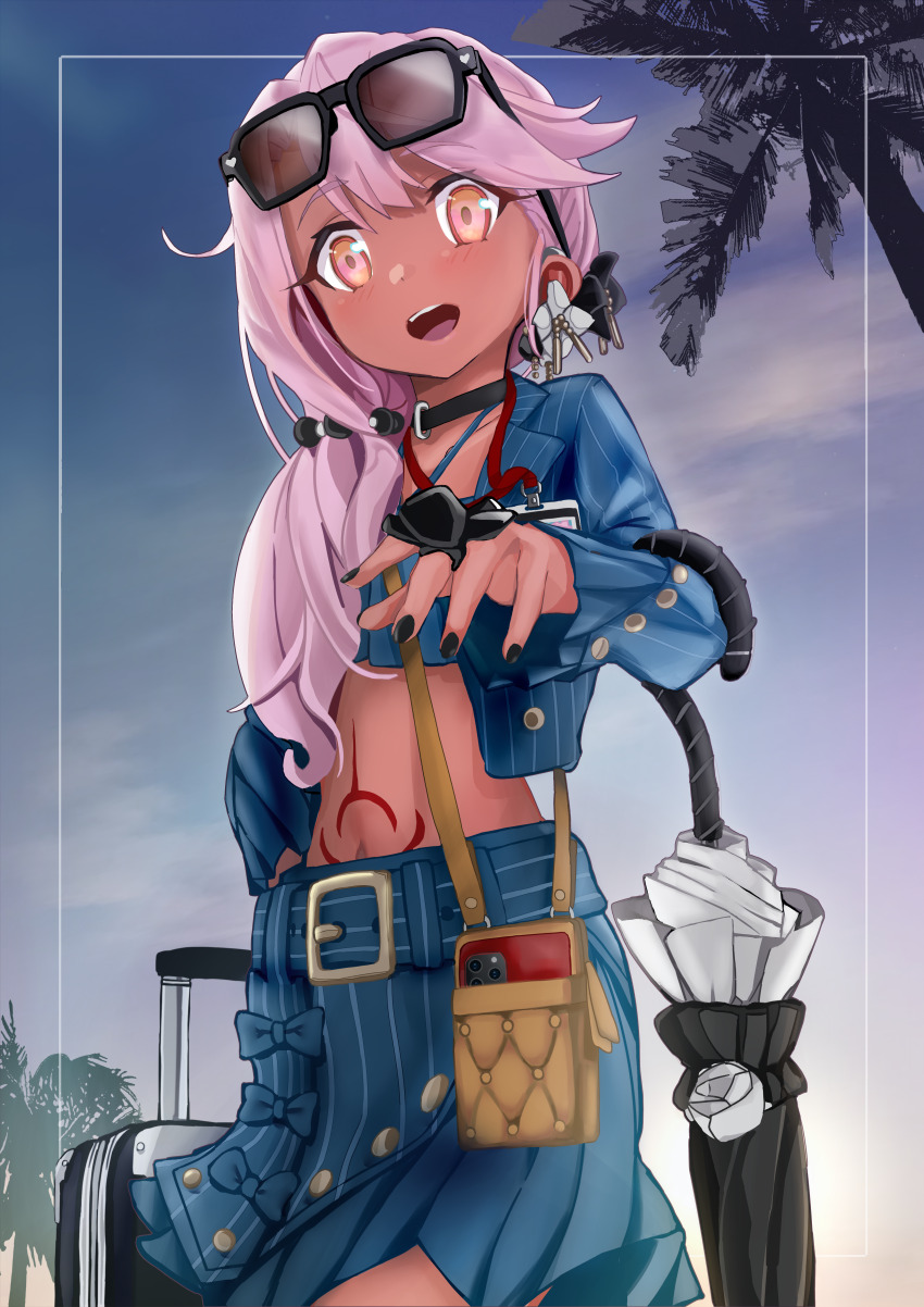 1girl, absurdres, bandeau, blue_jacket, blue_skirt, blue_sky, blush, breasts