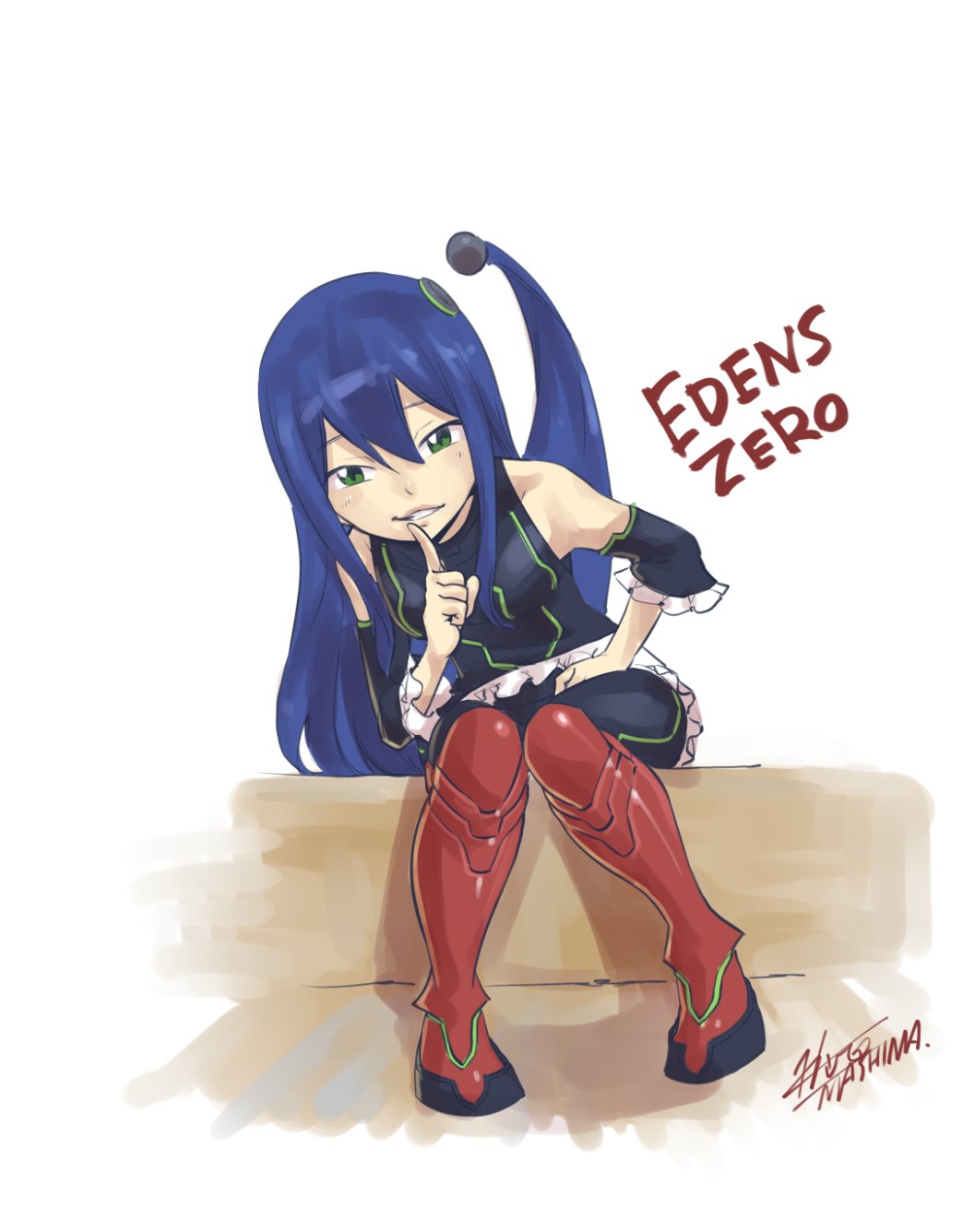 blue_hair, eden's_zero, finger_to_mouth, highres, labilia_christy, lavilla_christi, mashima_hiro, non-web_source