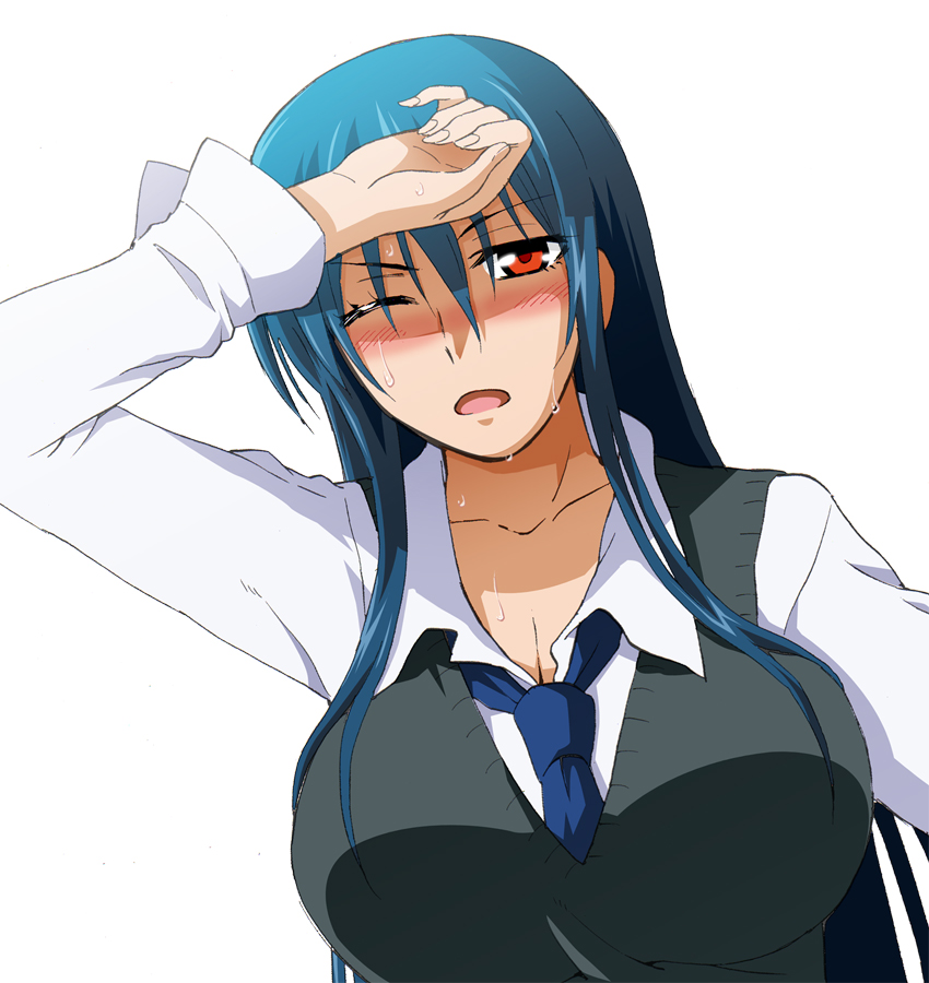 1girl, bad_id, bad_pixiv_id, blue_hair, blush, breasts, cleavage, diamond_cut_diamond