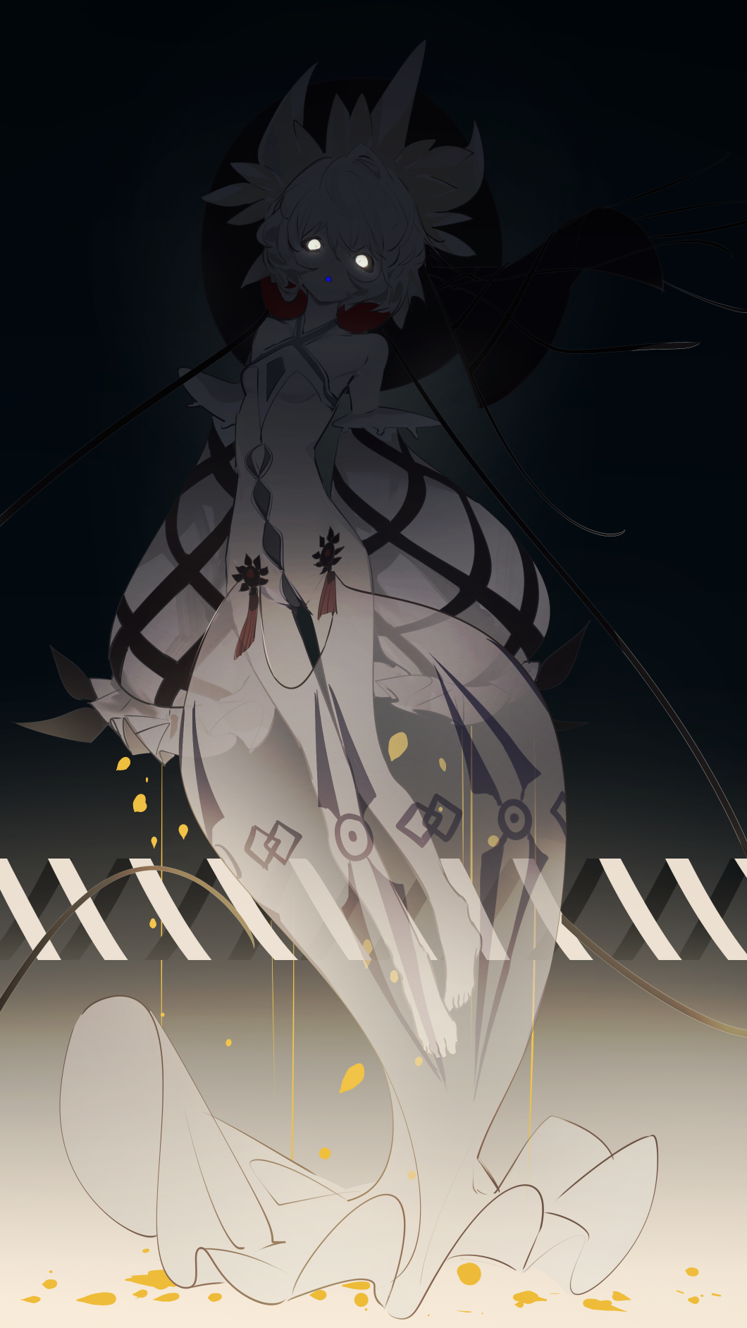 1girl, :o, aonogura, bare_shoulders, barefoot, black_sclera, breasts, colored_sclera