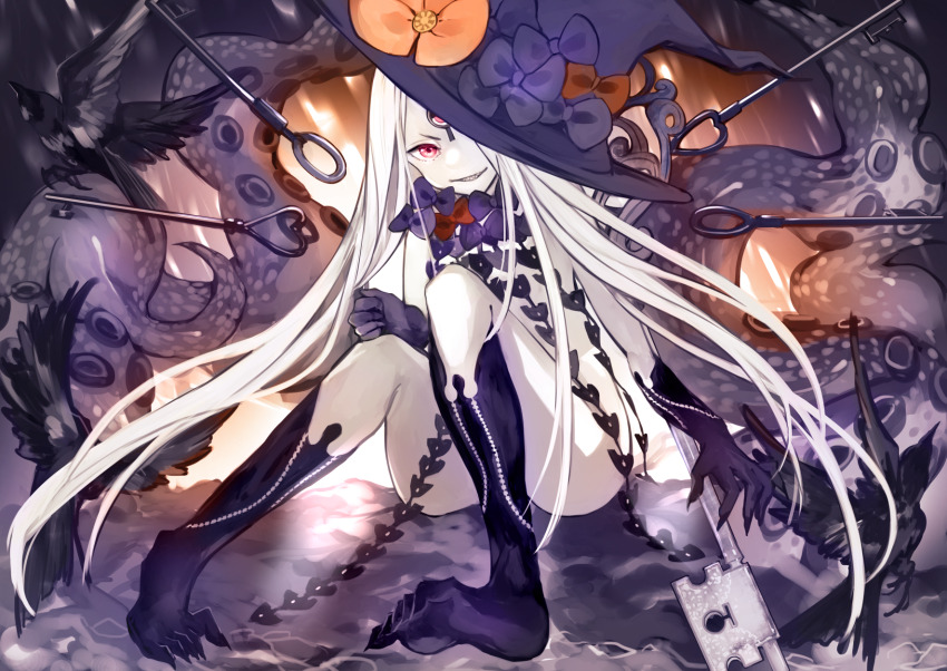 1girl, abigail_williams_(fate), abigail_williams_(third_ascension)_(fate), aonogura, bird, black_bird, black_bow, black_hat