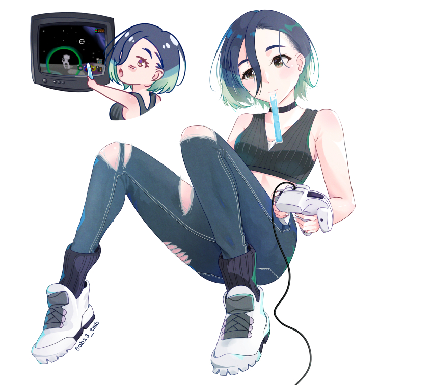 1girl, absurdres, bare_arms, black_choker, black_hair, black_socks, breasts, brown_eyes