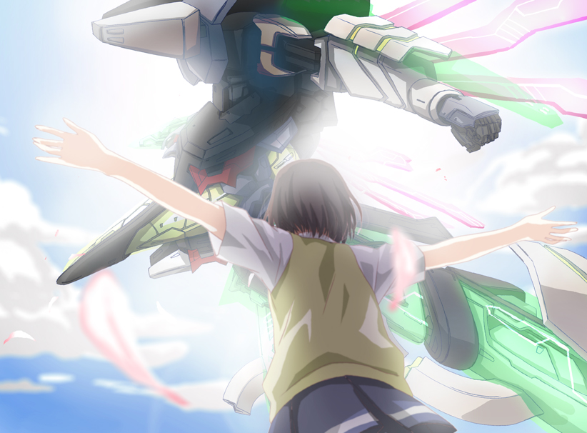 1girl, backlighting, bad_id, bad_pixiv_id, cloud, day, from_behind, kaminagi_ryouko, mecha, outstretched_arms, petals, robot, school_uniform, skirt, spread_arms, sun, sweater_vest, tarou99gou, zegapain
