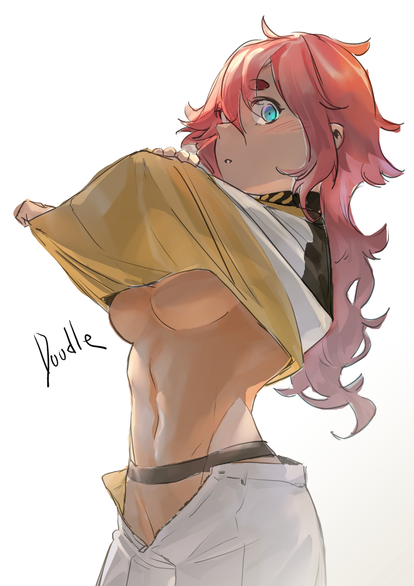 1girl, absurdres, ani_lu, blue_eyes, blush, breasts, clothes_lift, cowboy_shot, dark-skinned_female, dark_skin, english_text, groin, gundam, gundam_suisei_no_majo, hair_between_eyes, highres, long_hair, looking_at_viewer, medium_breasts, messy_hair, navel, no_bra, parted_lips, red_hair, shirt_lift, solo, stomach, suletta_mercury, underboob, undressing, white_background