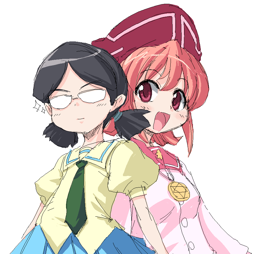 00s, alterego, behoimi, black_hair, dual_persona, flat_chest, glasses, hat, necktie, oekaki, onija_tarou, pani_poni_dash!, pink_hair, pleated_skirt, purple_eyes, school_uniform, serafuku, short_hair, short_twintails, skirt, twintails