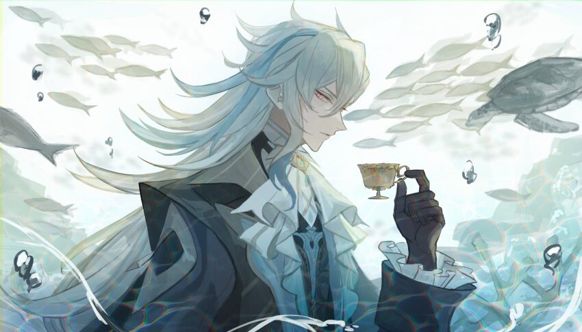 1boy, air_bubble, ascot, black_coat, black_gloves, blue_gem, blue_hair, brooch, bubble, buttons, closed_mouth, coat, cup, diamond_button, expressionless, fish, frilled_sleeves, frills, gem, genshin_impact, gloves, hair_between_eyes, highres, holding, holding_cup, jewelry, l78154477, lapels, long_hair, long_sleeves, looking_at_viewer, male_focus, multicolored_hair, neuvillette_(genshin_impact), peaked_lapels, pink_eyes, profile, rock, school_of_fish, sideways_glance, single_sidelock, sleeve_cuffs, slit_pupils, solo, streaked_hair, teacup, turtle, upper_body, white_ascot, white_background, white_hair