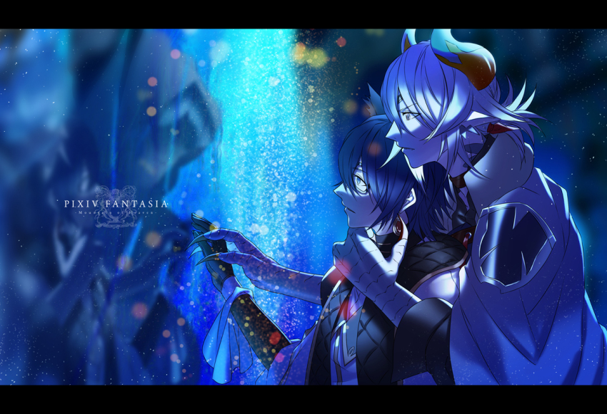 1other, 2boys, animal_ears, animal_hands, blue_background, blue_cape, blue_eyes, blue_hair