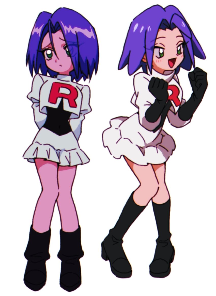 1boy, blue_hair, crossdressing, crossdressing_(mtf), embarrassed, green_eyes, happy, highres, james_(pokemon), macchiromomomo, male_focus, nintendo, pokemon, pokemon_(anime), shy, team_rocket, white_background