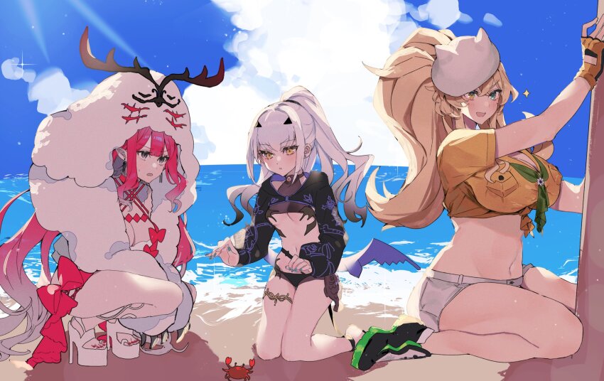 3girls, baobhan_sith_(fate), baobhan_sith_(swimsuit_pretender)_(first_ascension)_(fate), barghest_(fate), barghest_(swimsuit_archer)_(first_ascension)_(fate), beach, blonde_hair, blue_nails