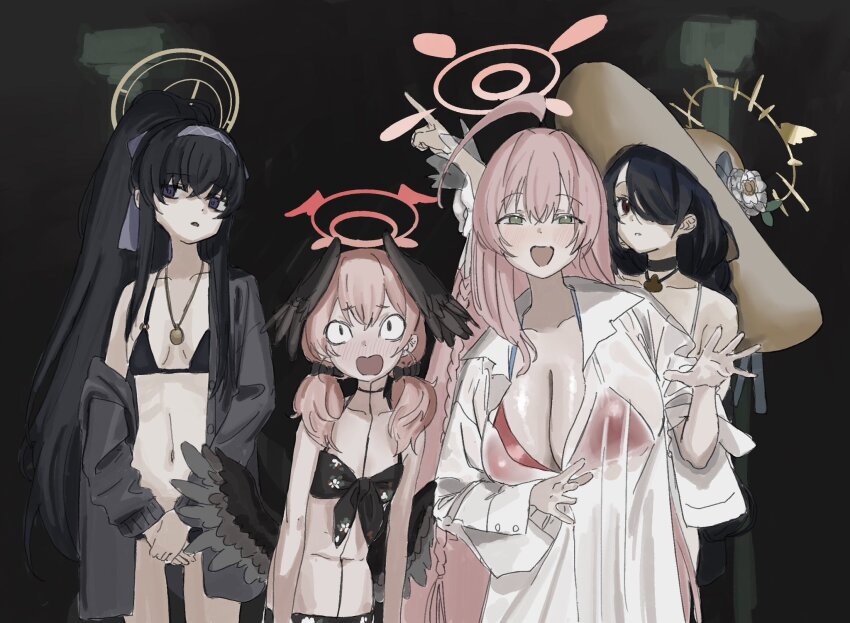 4girls, ahoge, bags_under_eyes, bikini, black_bikini, black_choker, black_hair, black_wings