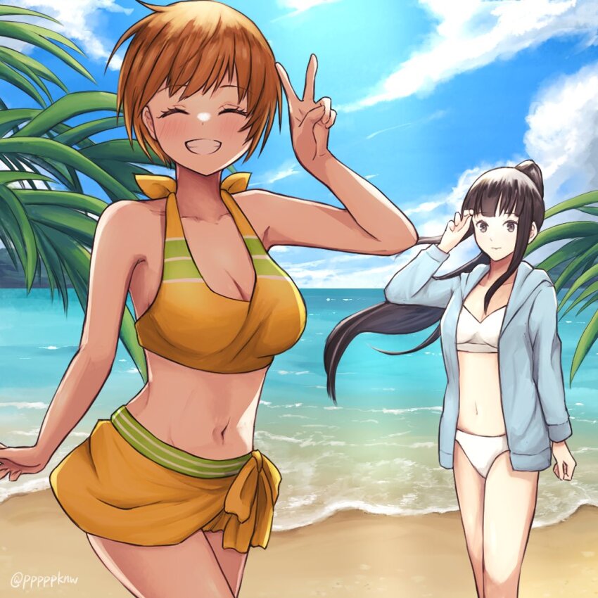 2girls, amagi_yukiko, beach, bikini, black_eyes, black_hair, breasts, brown_hair