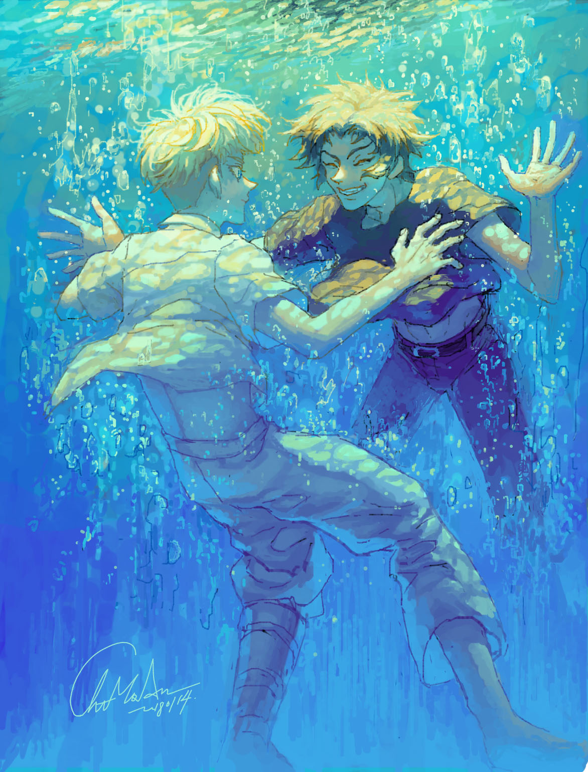 2boys, air_bubble, asuka_ryou, belt, black_belt, black_shirt, blue_eyes, bubble