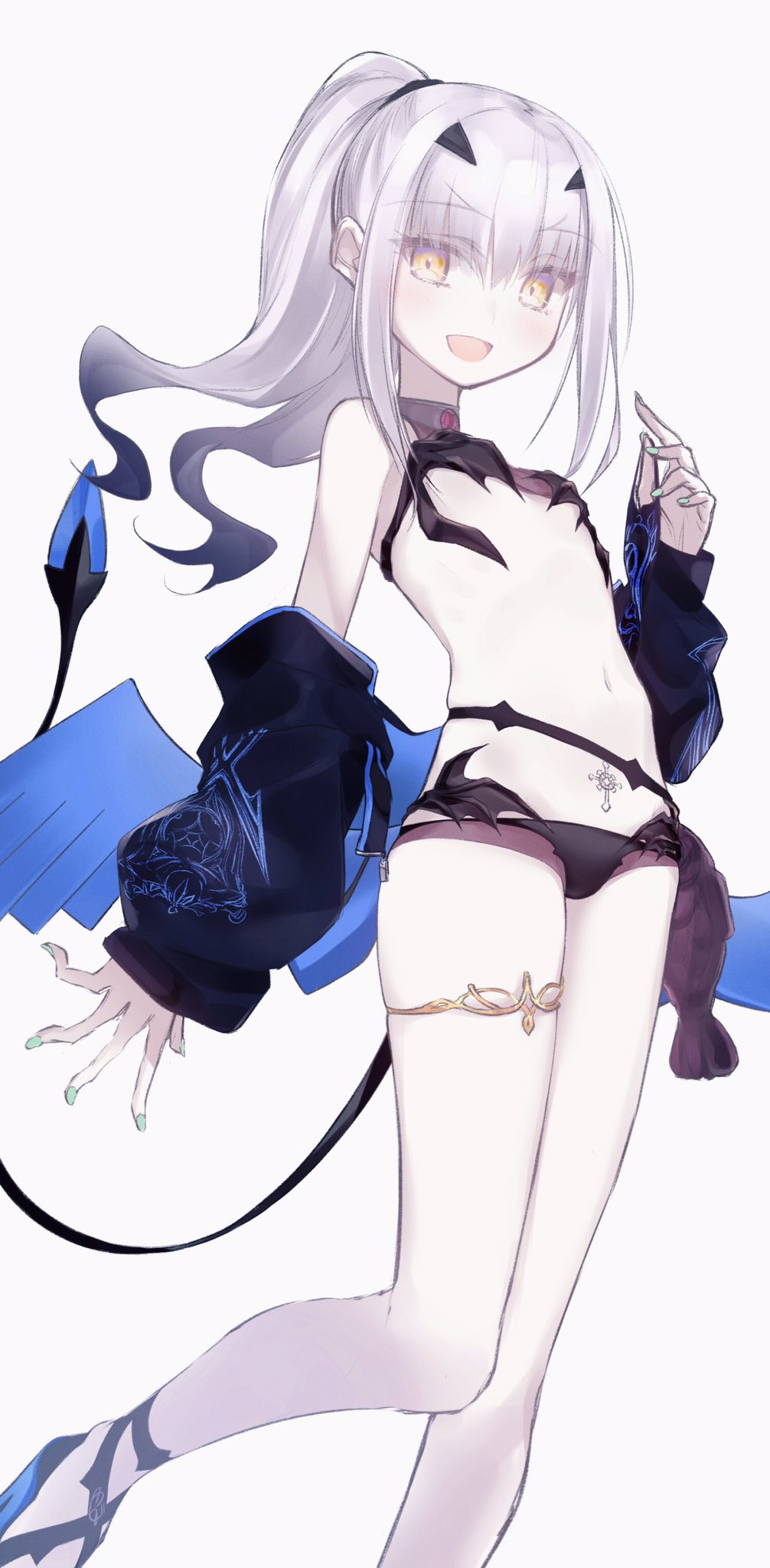 1girl, :d, bikini, black_bikini, blue_nails, eyes_visible_through_hair, fate/grand_order, fate_(series), flat_chest, hair_ornament, hairclip, highres, long_hair, melusine_(fate), melusine_(swimsuit_ruler)_(fate), melusine_(swimsuit_ruler)_(first_ascension)_(fate), nail_polish, off_shoulder, open_mouth, ponytail, pubic_tattoo, shrug_(clothing), smile, solo, swimsuit, tail, tattoo, thigh_strap, white_hair, wings, yellow_eyes, yubeshi_(zecxl)