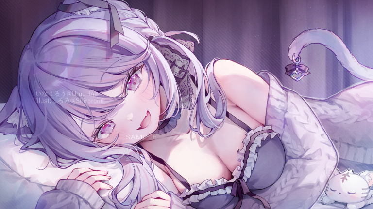 1girl, alternate_costume, animal_ears, black_bow, black_ribbon, blush, bow, bra, breasts, cable_knit, cat_ears, cat_girl, cat_tail, cleavage, commentary_request, ear_ribbon, fangs, fingernails, frilled_bra, frills, grey_bra, grey_sweater, hair_between_eyes, hair_bow, ina_uruu, long_hair, looking_at_viewer, lying, medium_breasts, nanashi_inc., off_shoulder, official_art, on_side, open_mouth, pillow, purple_bow, purple_eyes, purple_hair, ribbon, sample_watermark, shiroromi, smile, solo, sweater, tail, tail_bow, tail_ornament, underwear, upper_body, virtual_youtuber, watermark
