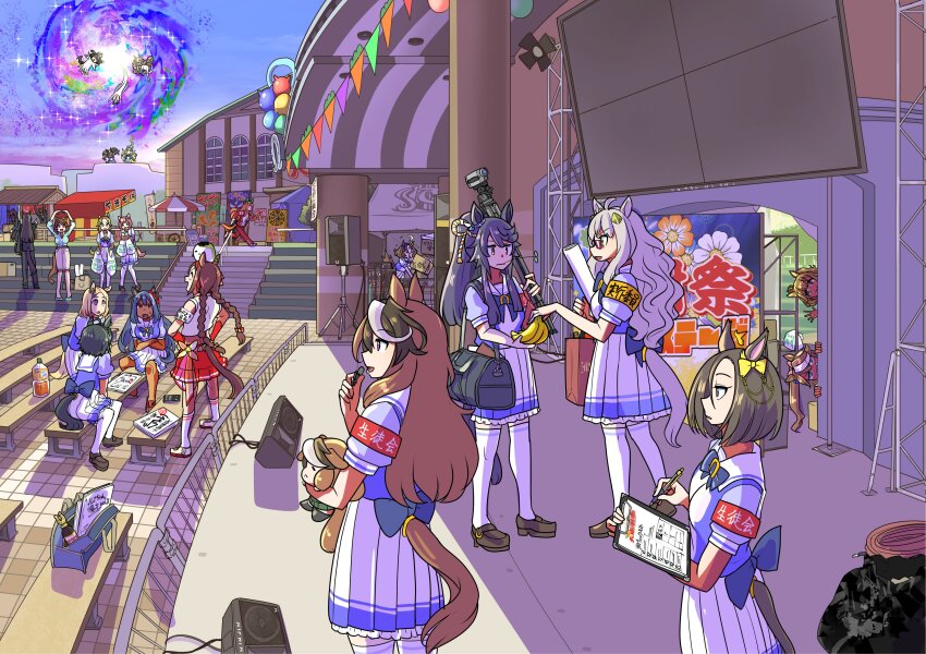 6+girls, absurdres, ahoge, air_groove_(umamusume), animal_ears, armband, aston_machan_(umamusume), bag